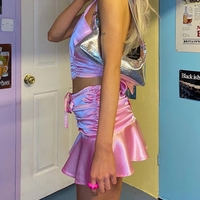 Cute 2pcs Pink Silk Halter Bear Cartoon Sleeveless Crop Top + Ruffle Mini Pleated Skirt Summer Aesthetic Casual E-Girl Kawaii Korean Japanese Harajuku - Thumbnail 4