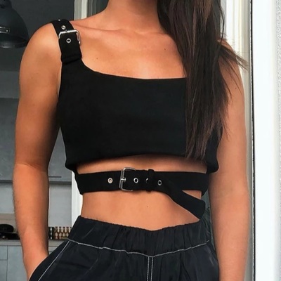 Cute black buckle belt tank crop top sleeveless shirt camisole bustier corset punk goth summer aesthetic e-girl kawaii korean japanese harajuku - Thumbnail 3