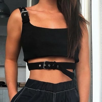 Cute Black Buckle Belt Tank Crop Top Sleeveless Shirt Camisole Bustier Corset Punk Goth Summer Aesthetic E-Girl Kawaii Korean Japanese Harajuku