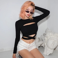 Cute Black Criss Cross Bandage Hallow Out Long Sleeve T-shirt Crop Top Summer Aesthetic Casual E-Girl Kawaii Korean Japanese Harajuku - Thumbnail 2