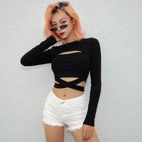 Cute Black Criss Cross Bandage Hallow Out Long Sleeve T-shirt Crop Top Summer Aesthetic Casual E-Girl Kawaii Korean Japanese Harajuku - Thumbnail 3