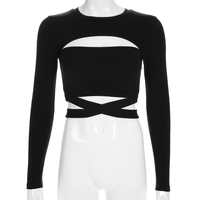 Cute Black Criss Cross Bandage Hallow Out Long Sleeve T-shirt Crop Top Summer Aesthetic Casual E-Girl Kawaii Korean Japanese Harajuku - Thumbnail 4