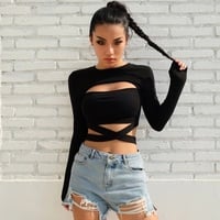 Cute Black Criss Cross Bandage Hallow Out Long Sleeve T-shirt Crop Top Summer Aesthetic Casual E-Girl Kawaii Korean Japanese Harajuku - Thumbnail 1