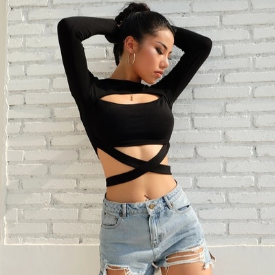 Cute Black Criss Cross Bandage Hallow Out Long Sleeve T-shirt Crop Top Summer Aesthetic Casual E-Girl Kawaii Korean Japanese Harajuku