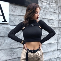 Cute Black Buckle Hollow Out Turtleneck Crop Top Long Sleeve Shirt Punk Goth Summer Aesthetic Casual E-Girl Kawaii Korean Japanese Harajuku - Thumbnail 3