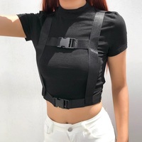 Cute Black Buckle Hollow Out Turtleneck Crop Top Long Sleeve Shirt Punk Goth Summer Aesthetic Casual E-Girl Kawaii Korean Japanese Harajuku - Thumbnail 4