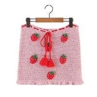 Pink Strawberry Crochet Knit Top + Sash Beach Mini Skirt  - Thumbnail 2