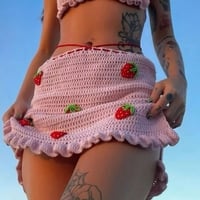 Pink Strawberry Crochet Knit Top + Sash Beach Mini Skirt  - Thumbnail 1
