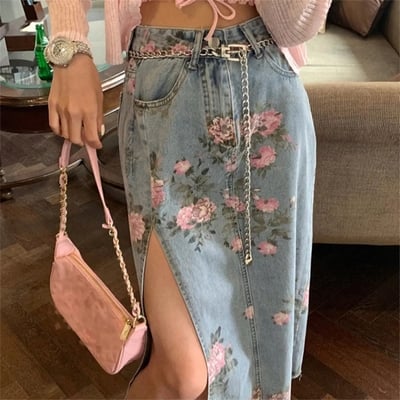 Cute Vintage Flowers Print Maxi Denim Skirt High Waist Open Split Straight Summer Aesthetic Casual E-Girl Kawaii Korean Japanese Harajuku