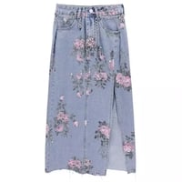Cute Vintage Flowers Print Maxi Denim Skirt High Waist Open Split Straight Summer Aesthetic Casual E-Girl Kawaii Korean Japanese Harajuku - Thumbnail 7