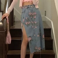 Cute Vintage Flowers Print Maxi Denim Skirt High Waist Open Split Straight Summer Aesthetic Casual E-Girl Kawaii Korean Japanese Harajuku - Thumbnail 1