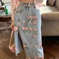Cute Vintage Flowers Print Maxi Denim Skirt High Waist Open Split Straight Summer Aesthetic Casual E-Girl Kawaii Korean Japanese Harajuku - Thumbnail 2
