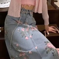 Cute Vintage Flowers Print Maxi Denim Skirt High Waist Open Split Straight Summer Aesthetic Casual E-Girl Kawaii Korean Japanese Harajuku - Thumbnail 3