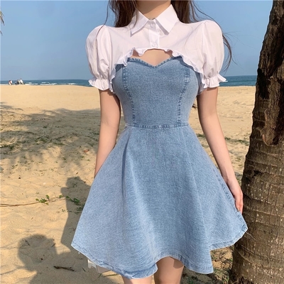 Cute Sexy French Sling Blue Denim A-line Waist Mini Dress Party Picnic Summer Aesthetic Casual E-Girl Kawaii Korean Japanese Harajuku