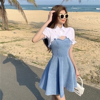 Cute Sexy French Sling Blue Denim A-line Waist Mini Dress Party Picnic Summer Aesthetic Casual E-Girl Kawaii Korean Japanese Harajuku - Thumbnail 4