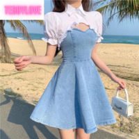 Cute Sexy French Sling Blue Denim A-line Waist Mini Dress Party Picnic Summer Aesthetic Casual E-Girl Kawaii Korean Japanese Harajuku - Thumbnail 1