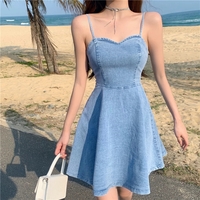 Cute Sexy French Sling Blue Denim A-line Waist Mini Dress Party Picnic Summer Aesthetic Casual E-Girl Kawaii Korean Japanese Harajuku - Thumbnail 5