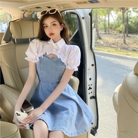 Cute Sexy French Sling Blue Denim A-line Waist Mini Dress Party Picnic Summer Aesthetic Casual E-Girl Kawaii Korean Japanese Harajuku - Thumbnail 2