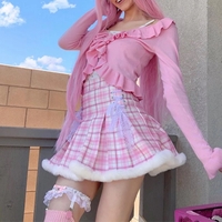 Cute Pink Plaid Feather Lace Up Pleated High Waist A-line Mini Skirt Summer Aesthetic Casual E-Girl Kawaii Korean Japanese Harajuku - Thumbnail 2