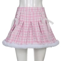 Cute Pink Plaid Feather Lace Up Pleated High Waist A-line Mini Skirt Summer Aesthetic Casual E-Girl Kawaii Korean Japanese Harajuku - Thumbnail 6