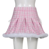 Cute Pink Plaid Feather Lace Up Pleated High Waist A-line Mini Skirt Summer Aesthetic Casual E-Girl Kawaii Korean Japanese Harajuku - Thumbnail 8