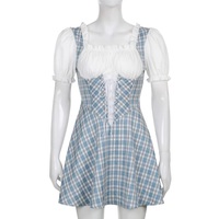 Cute Sweet Plaid Patchwork Lace Up Corset Ruffle Mini A-line Dress Summer Aesthetic Casual E-Girl Kawaii Korean Japanese Harajuku - Thumbnail 7
