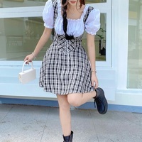 Cute Sweet Plaid Patchwork Lace Up Corset Ruffle Mini A-line Dress Summer Aesthetic Casual E-Girl Kawaii Korean Japanese Harajuku - Thumbnail 4