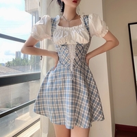 Cute Sweet Plaid Patchwork Lace Up Corset Ruffle Mini A-line Dress Summer Aesthetic Casual E-Girl Kawaii Korean Japanese Harajuku - Thumbnail 1