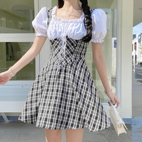 Cute Sweet Plaid Patchwork Lace Up Corset Ruffle Mini A-line Dress Summer Aesthetic Casual E-Girl Kawaii Korean Japanese Harajuku - Thumbnail 3