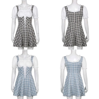 Cute Sweet Plaid Patchwork Lace Up Corset Ruffle Mini A-line Dress Summer Aesthetic Casual E-Girl Kawaii Korean Japanese Harajuku - Thumbnail 6