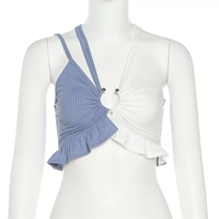 Cute Sexy Blue White Hollow Out Patchwork Rib Knit Camisole Crop Top Sleeveless Shirt Summer Aesthetic Casual E-Girl Kawaii Korean Japanese Harajuku - Thumbnail 5