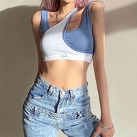 Cute Blue Patchwork Crop Top Sleeveless Shirt Tank Vest Party Club Summer Aesthetic Casual E-Girl Kawaii Korean Japanese Harajuku - Thumbnail 1