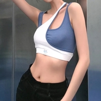 Cute Blue Patchwork Crop Top Sleeveless Shirt Tank Vest Party Club Summer Aesthetic Casual E-Girl Kawaii Korean Japanese Harajuku - Thumbnail 4