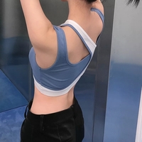 Cute Blue Patchwork Crop Top Sleeveless Shirt Tank Vest Party Club Summer Aesthetic Casual E-Girl Kawaii Korean Japanese Harajuku - Thumbnail 5