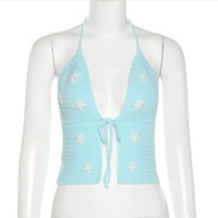 Cute Sexy Blue Crochet Knit Floral Backless Crop Top Tank Camisole Halter Beach Party Summer Aesthetic Casual E-Girl Kawaii Korean Japanese Harajuku - Thumbnail 5