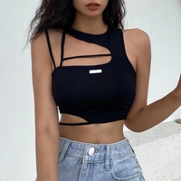 Cute Sexy Black Strappy Hollow Out Tank Crop Top Sleeveless Shirt Punk Goth Summer Aesthetic Casual E-Girl Kawaii Korean Japanese Harajuku - Thumbnail 1