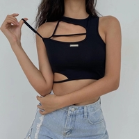 Cute Sexy Black Strappy Hollow Out Tank Crop Top Sleeveless Shirt Punk Goth Summer Aesthetic Casual E-Girl Kawaii Korean Japanese Harajuku - Thumbnail 2