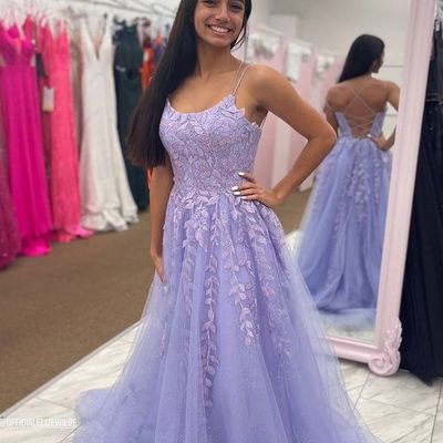 Sparkly cute a line scoop neck lavender tulle prom dress - Thumbnail 2