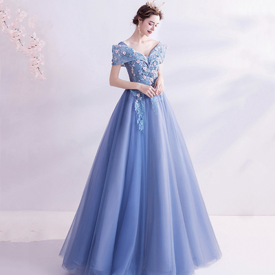 Blue tulle lace long prom dress a line formal dresses - Thumbnail 2