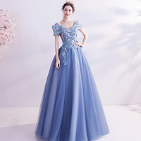 Blue tulle lace long prom dress A line formal dresses - Thumbnail 1