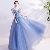 Blue tulle lace long prom dress A line formal dresses - Thumbnail 2