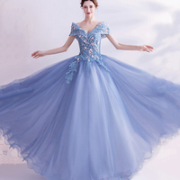 Blue tulle lace long prom dress A line formal dresses - Thumbnail 3
