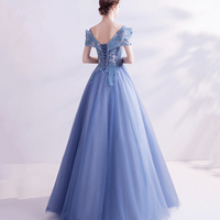 Blue tulle lace long prom dress A line formal dresses - Thumbnail 5