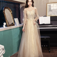 Champagne tulle lace long prom dress A line evening dress - Thumbnail 1