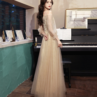 Champagne tulle lace long prom dress A line evening dress - Thumbnail 3