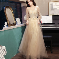 Champagne tulle lace long prom dress A line evening dress - Thumbnail 2
