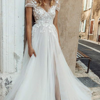 SP1525,Wedding Dresses,Off the Shoulder Applique Lace Tulle Wedding Gown with High Split - Thumbnail 1