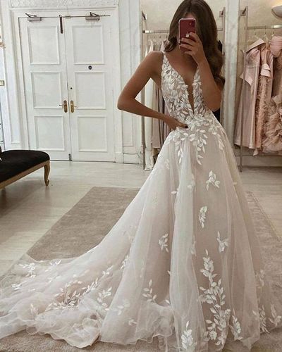 SP1530,Charming applique lace wedding dresses v-neck bridal dress a-line wedding gown light pink wedding dresses 