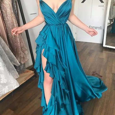 Sp1539,sexy blue spaghetti straps ruffles long prom dresses irregular silk satin evening dresses