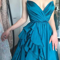 SP1539,Sexy blue spaghetti straps ruffles long prom dresses irregular silk satin evening dresses - Thumbnail 1